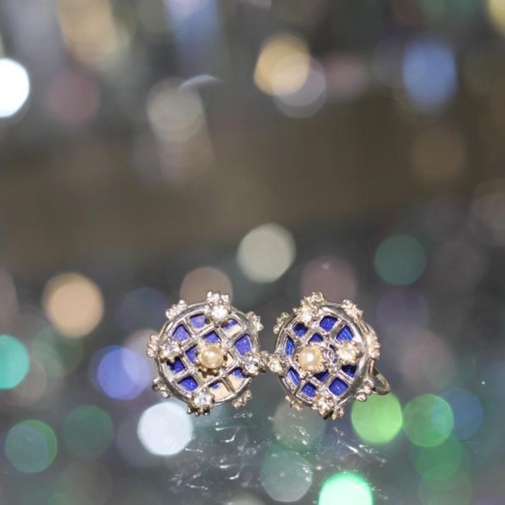 Blue & Silver Round Screw Back Earrings